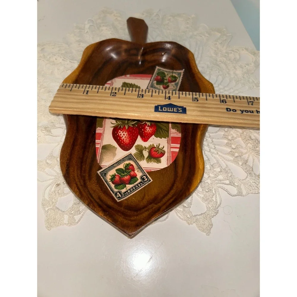 Lailani Monkey Pod Wood Leaf Tray Hawaii Strawberry Motif Vintage Catchall Dish